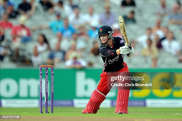 Alex Davies of Lancashire Lightning hits out to the boundary during the Royal London One Day Cup match between Lancashire Lightning and Yorkshire...