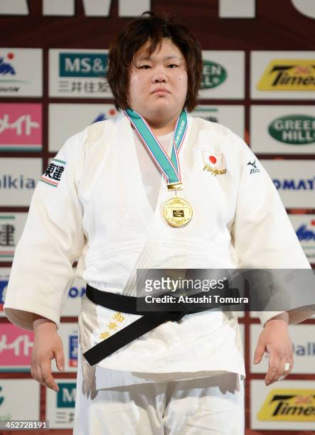 Megumi Tachimoto of Japan stands on the podium at the women's +78kg medal ceremony during day three of the Judo Grand Slam at the on December 1, 2013...