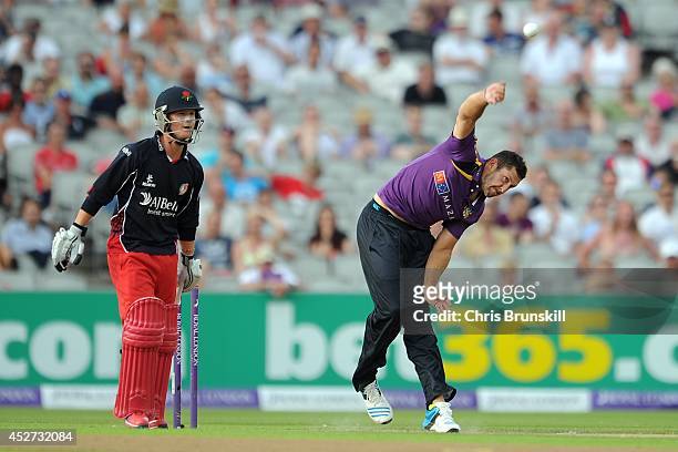Tim Bresnan of Yorkshire Vikings bowls during the Royal London One Day Cup match between Lancashire Lightning and Yorkshire Vikings at Old Trafford...