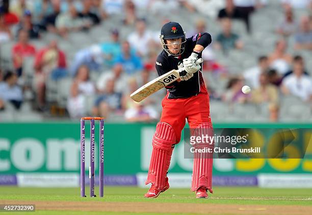 Alex Davies of Lancashire Lightning plays a shot during the Royal London One Day Cup match between Lancashire Lightning and Yorkshire Vikings at Old...