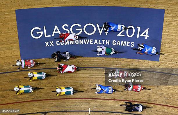 Competitors race during the Women's 10km Scratch Race at Sir Chris Hoy Velodrome during day three of the Glasgow 2014 Commonwealth Games on July 26,...