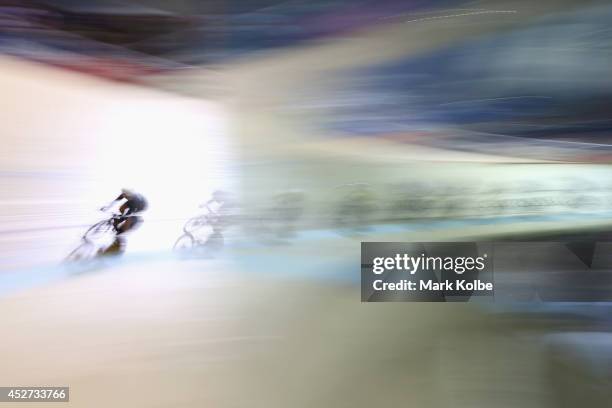 General view is seen as riders race in the Men's 40km Points Race at Sir Chris Hoy Velodrome during day three of the Glasgow 2014 Commonwealth Games...