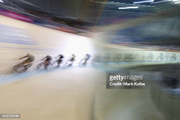 General view is seen as riders race in the Men's 40km Points Race at Sir Chris Hoy Velodrome during day three of the Glasgow 2014 Commonwealth Games...