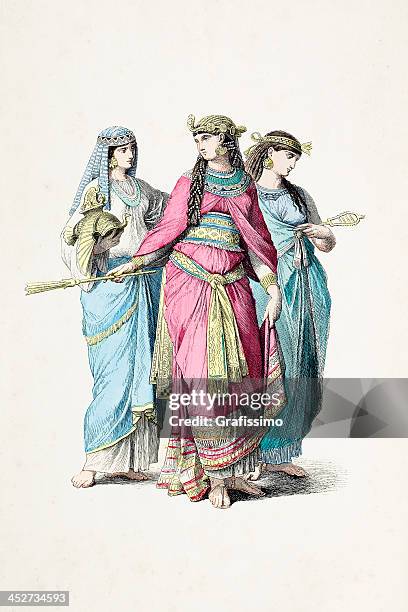 egyptian queen and women with traditional costumes from b.c. - theology stock illustrations