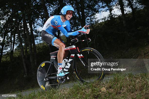 Johan Vansummeren of Belgium and Garmin-Sharp competes in the individual time trial during the twentieth stage of the 2014 Tour de France, a 54km...