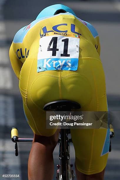 Vincenzo Nibali of Italy and the Astana Pro Team races to fourth place in the individual time trial and defends the overall race leader's jersey...