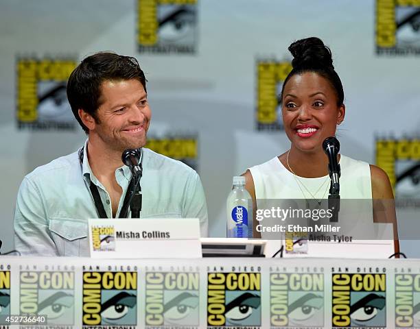 Actors Misha Collins and Aisha Tyler attend the TV Guide Magazine: Fan Favorites panel during Comic-Con International 2014 at the San Diego...