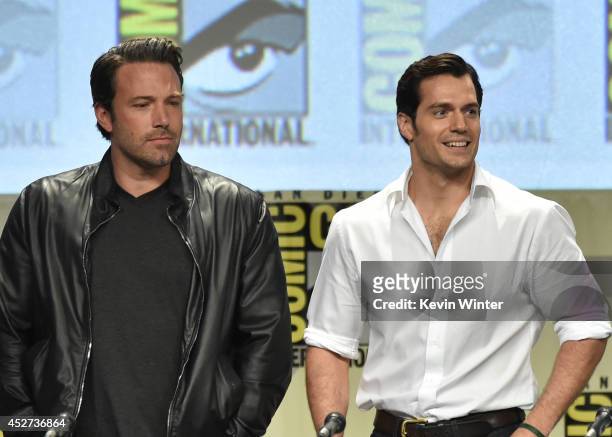 Actors Ben Affleck and Henry Cavill attend the Warner Bros. Pictures panel and presentation during Comic-Con International 2014 at San Diego...