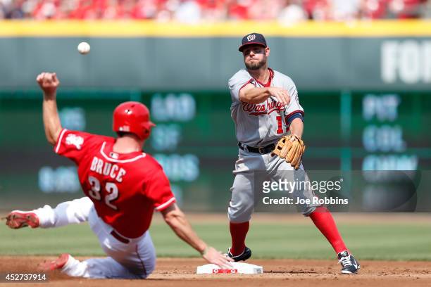 Kevin Frandsen of the Washington Nationals tries to turn a double play over Jay Bruce of the Cincinnati Reds in the second inning of the game at...
