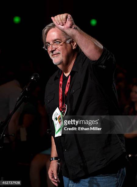 Writer/producer Matt Groening asks a question at FOX's "Family Guy" panel during Comic-Con International 2014 at the San Diego Convention Center on...