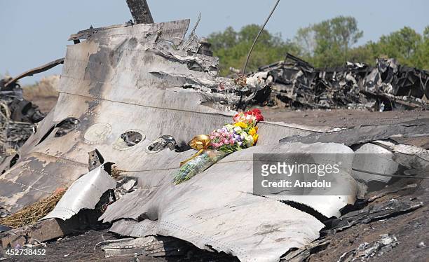 Flower left by Jerzy Dyczynski and Angela Rudhart-Dyczynski whose daughter Fatima Dyczynski was a passenger on Malaysia Airlines flight MH17,is seen...