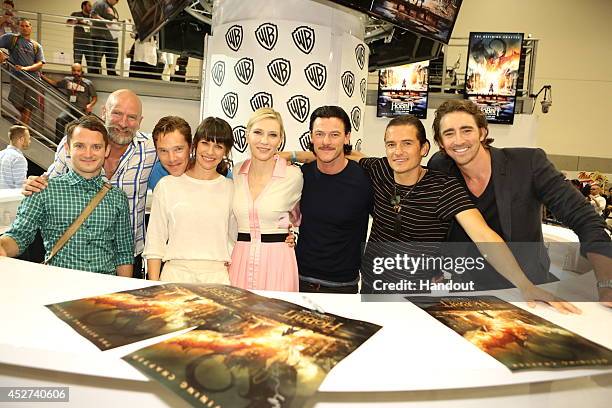 In this handout photo provided by Warner Bros, Elijah Wood, Graham McTavish, Andy Serkis, Evangeline Lilly, Cate Blanchett, Luke Evans, Orlando...