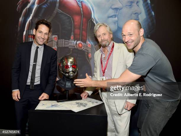 Actors Paul Rudd, Michael Douglas and Corey Stoll attend Marvel's "Ant-Man" Hall H Panel Booth Signing during Comic-Con International 2014 at San...