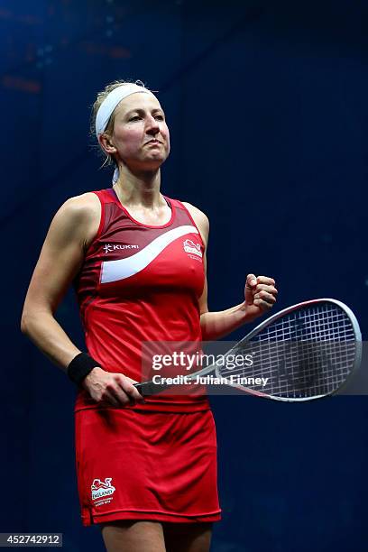Alison Waters of England celebrates defeating Dipika Pallikal of India during the quarter finals of the Women's Squash at Scotstoun Sports Campus...