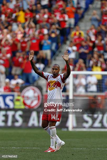 Thierry Henry of New York Red Bulls greets fans during their friendly match against Arsenal at Red Bull Arena on July 26, 2014 in Harrison, NJ.