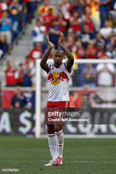 Thierry Henry of New York Red Bulls greets fans during their friendly match against Arsenal at Red Bull Arena on July 26, 2014 in Harrison, NJ.