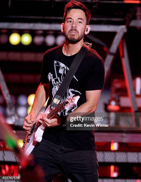 Musician Mike Shinoda of Linkin Park performs onstage during the MTVu Fandom Awards at Comic-Con International 2014 at PETCO Park on July 24, 2014 in...