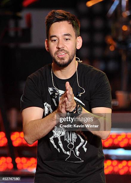 Musician Mike Shinoda of Linkin Park performs onstage during the MTVu Fandom Awards at Comic-Con International 2014 at PETCO Park on July 24, 2014 in...