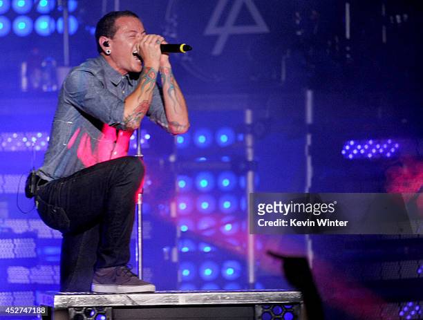 Singer Chester Bennington of Linkin Park performs onstage during the MTVu Fandom Awards at Comic-Con International 2014 at PETCO Park on July 24,...