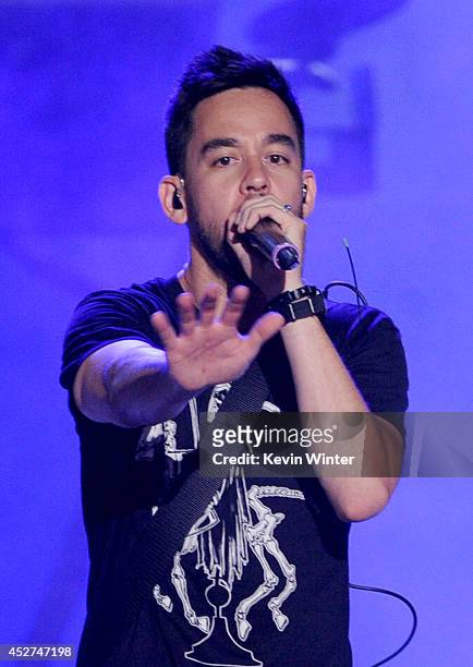 Musician Mike Shinoda of Linkin Park performs onstage during the MTVu Fandom Awards at Comic-Con International 2014 at PETCO Park on July 24, 2014 in...