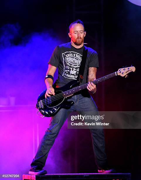 Musician Dave Farrell of Linkin Park performs onstage during the MTVu Fandom Awards at Comic-Con International 2014 at PETCO Park on July 24, 2014 in...