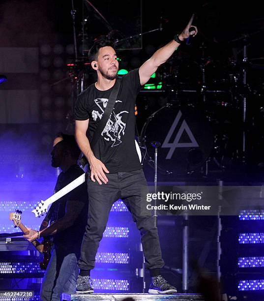 Musician Mike Shinoda of Linkin Park performs onstage during the MTVu Fandom Awards at Comic-Con International 2014 at PETCO Park on July 24, 2014 in...