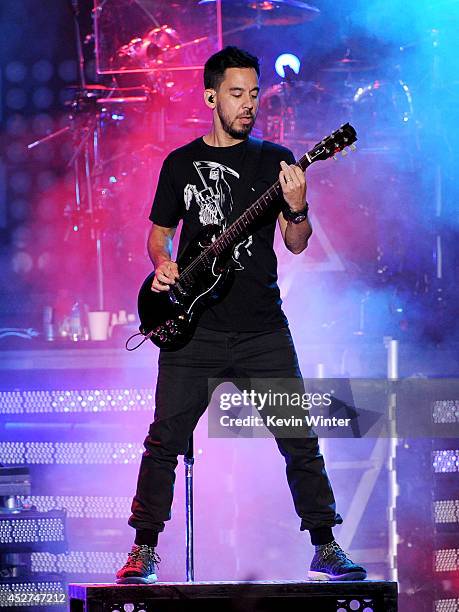 Musician Mike Shinoda of Linkin Park performs onstage during the MTVu Fandom Awards at Comic-Con International 2014 at PETCO Park on July 24, 2014 in...