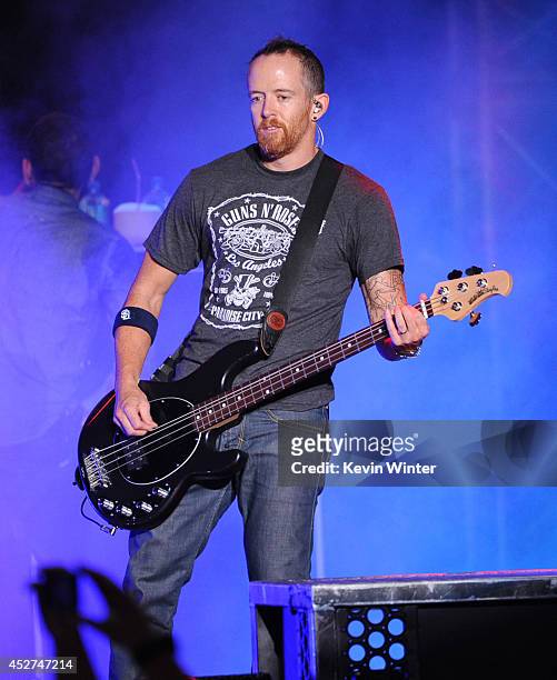 Musician Dave Farrell of Linkin Park performs onstage during the MTVu Fandom Awards at Comic-Con International 2014 at PETCO Park on July 24, 2014 in...