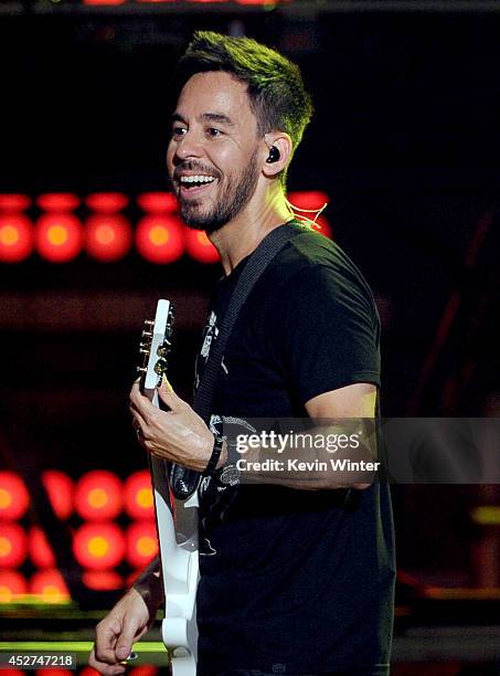 Musician Mike Shinoda of Linkin Park performs onstage during the MTVu Fandom Awards at Comic-Con International 2014 at PETCO Park on July 24, 2014 in...