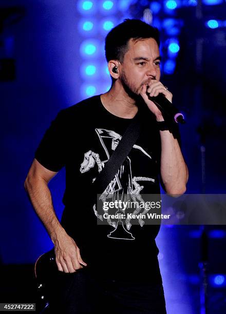 Musician Mike Shinoda of Linkin Park performs onstage during the MTVu Fandom Awards at Comic-Con International 2014 at PETCO Park on July 24, 2014 in...