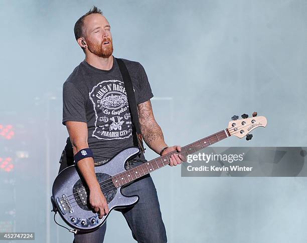 Musician Dave Farrell of Linkin Park performs onstage during the MTVu Fandom Awards at Comic-Con International 2014 at PETCO Park on July 24, 2014 in...
