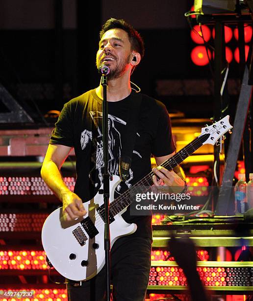 Musician Mike Shinoda of Linkin Park performs onstage during the MTVu Fandom Awards at Comic-Con International 2014 at PETCO Park on July 24, 2014 in...