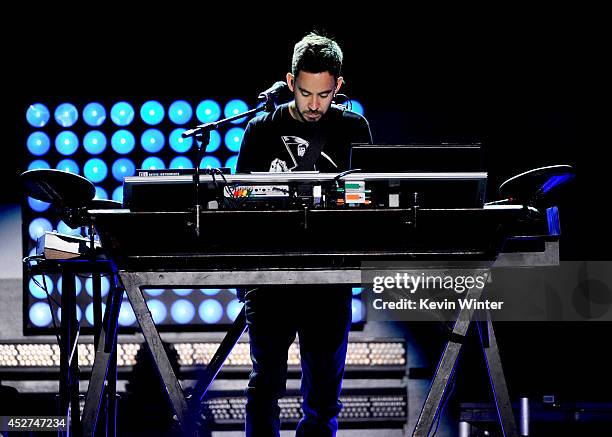 Musician Mike Shinoda of Linkin Park performs onstage during the MTVu Fandom Awards at Comic-Con International 2014 at PETCO Park on July 24, 2014 in...