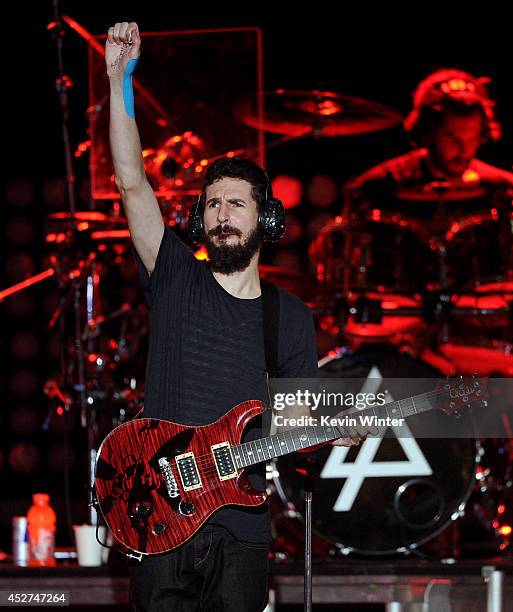 Musician Brad Delson of Linkin Park performs onstage during the MTVu Fandom Awards at Comic-Con International 2014 at PETCO Park on July 24, 2014 in...