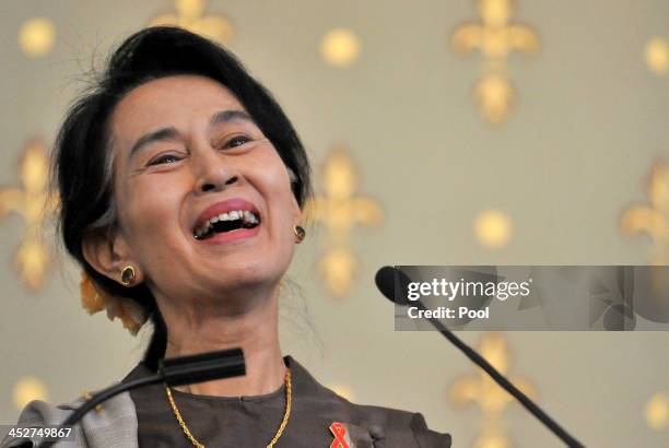 Nobel Peace Laureate and Myanmar opposition leader Aung San Suu Kyi speaks at the launch of the AIDS 2014 world conference to be hosted in Australia...