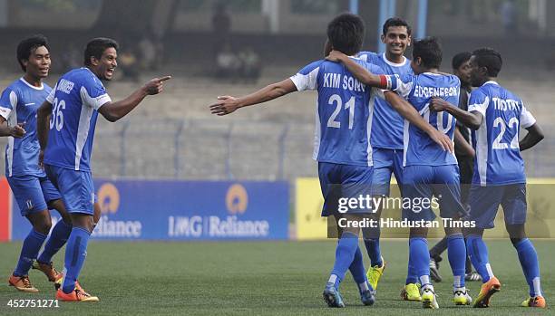 Rangdajied United FC player Munmun Eugeneson Lyngdoh celebrate after scoring against Mohun Bagan during the I-League Match at Vivekananda Yuba Bharti...