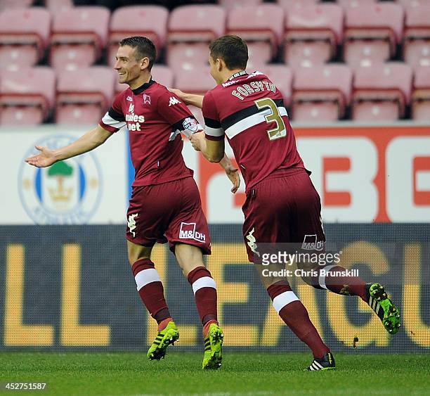 Craig Bryson of Derby County celebrates scoring the opening goal with team-mate Craig Forsyth during the Sky Bet Championship match between Wigan...