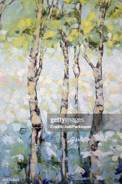 morning mist on water palette knife oil painting - oil painting stock illustrations