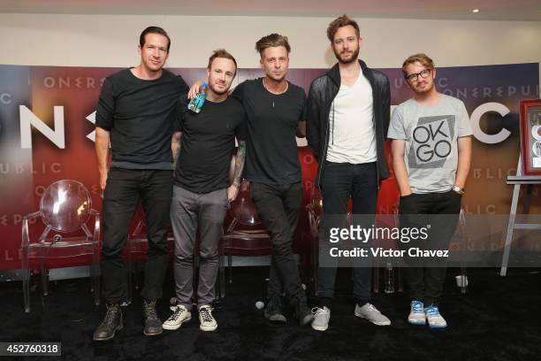 Zach Filkins, Eddie Fisher, Ryan Tedder, Brent Kutzle and Drew Brown of One Republic attend a press conference at Palacio De Los Deportes on July 26,...