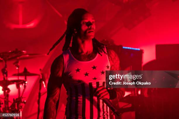 Maxim Reality of The Prodigy performs on stage at Global Gathering at Long Marston Airfield on July 26, 2014 in Stratford-upon-Avon, United Kingdom.