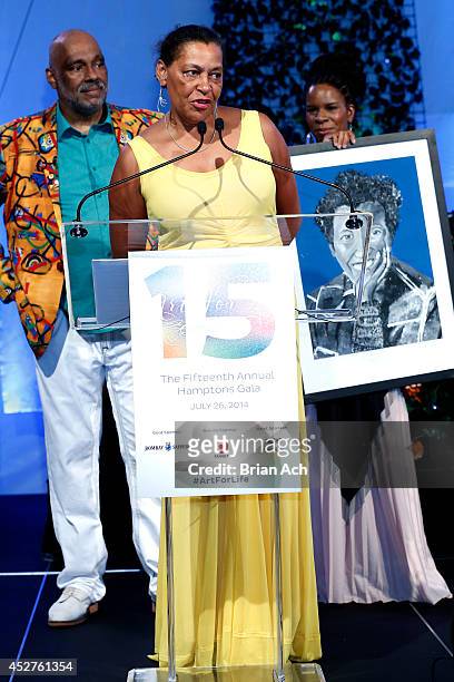 Artist Carrie Mae Weems speaks on stage at the 15th annual Art for Life Gala hosted by Russell and Danny Simmons at Fairview Farms on July 26, 2014...