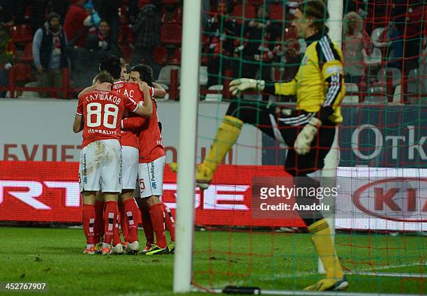 Spartak Moscow players celebrate after scoring a goal during the Russian Premier League football match between Spartak Moscow and Volga Nizhny...
