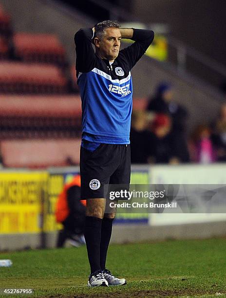 Wigan Athletic manager Owen Coyle reacts during the Sky Bet Championship match between Wigan Athletic and Derby County at DW Stadium on December 01,...