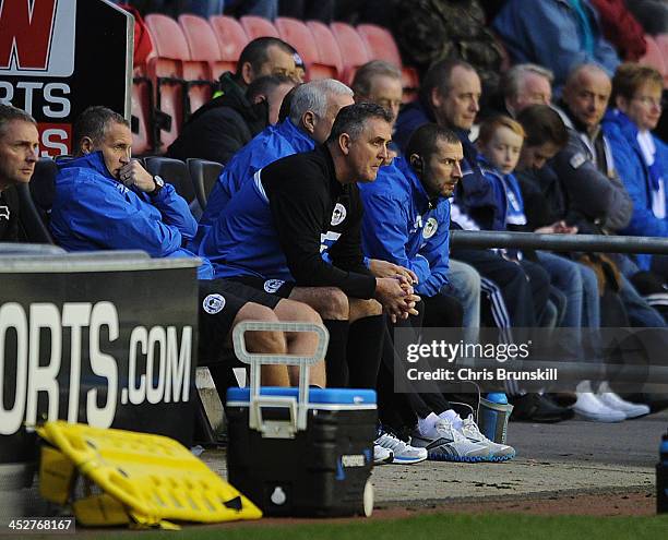 Wigan Athletic manager Owen Coyle looks on from the bench during the Sky Bet Championship match between Wigan Athletic and Derby County at DW Stadium...