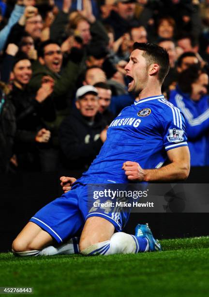 Gary Cahill of Chelsea celebrates as he scores their first goal during the Barclays Premier League match between Chelsea and Southampton at Stamford...