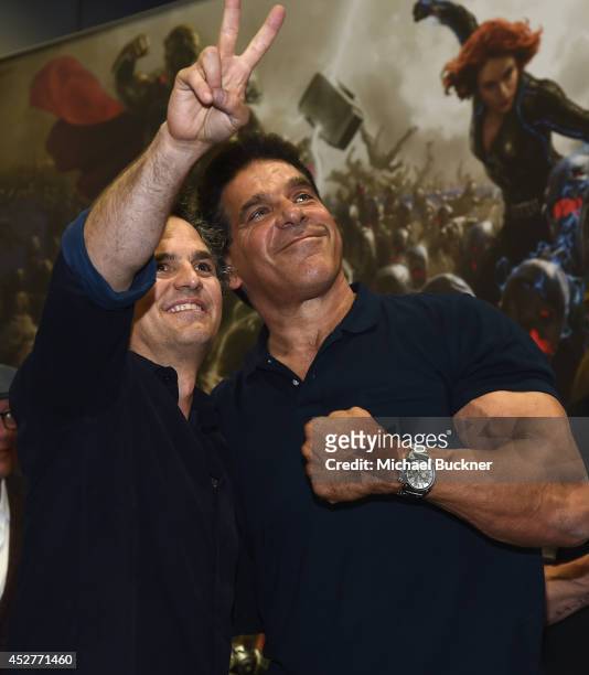 Actor Mark Ruffalo and actor Lou Ferrigno attend the signing for Avengers: Age Of Ultron during Day 3 of Comic-Con International 2014 at the San...