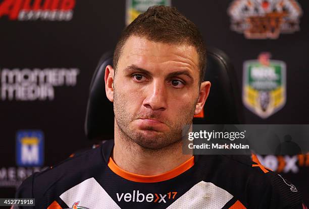 Robbie Farah of the Tigers talks to the media after the round 20 NRL match between the Wests Tigers and the St George Illawarra Dragons at ANZ...