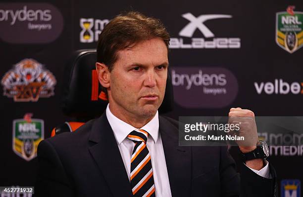 Mick Potter talks to the media after the round 20 NRL match between the Wests Tigers and the St George Illawarra Dragons at ANZ Stadium on July 27,...