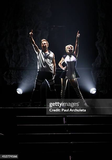 Personality / Dancers Derek Hough and Julianne Hough perform in the "Move Live On Tour" concert at the Orpheum Theatre on July 26, 2014 in Los...