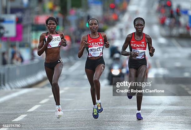 Helalia luleiko Johannes of Namibia, Caroline Kilel of Kenya and Flomena cheyech Daniel of Kenya lead the pack in the Women's Marathon during day...